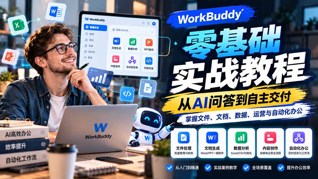 WorkBuddy零基础实战教程：从AI问答到自主交付，掌握文件、文档、数据、运营与自动化办公-宣源知识学堂