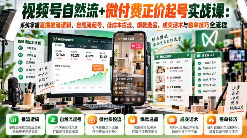 视频号自然流+微付费正价起号实战课：系统掌握直播推流逻辑、自然流起号、低成本投流、爆款选品、成交话术与憋单技巧全流程-宣源知识学堂