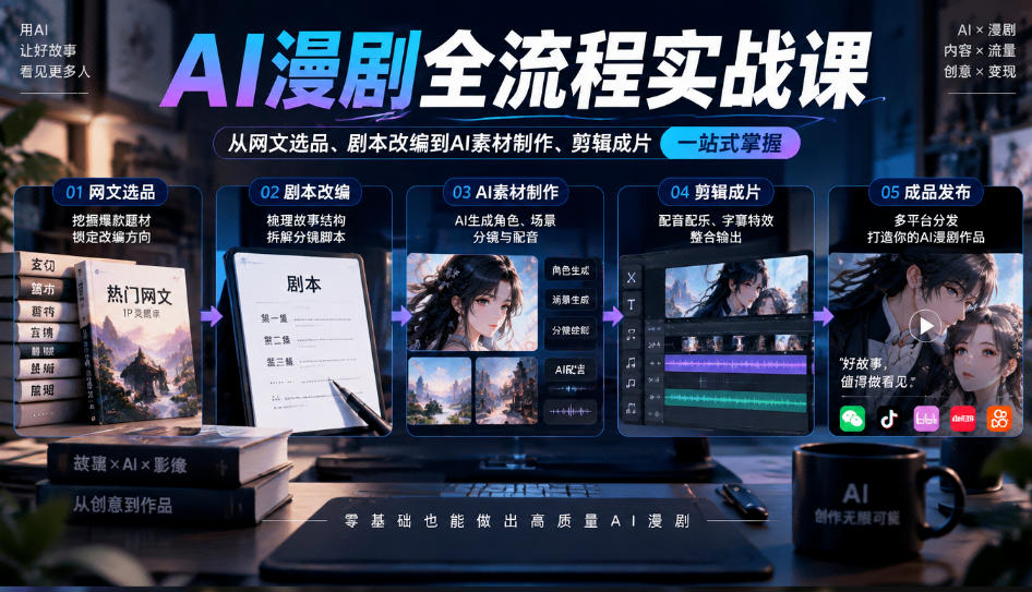 AI漫剧全流程实战课，覆盖从网文选品、剧本改编到AI素材制作、剪辑成片的完整链路-宣源知识学堂