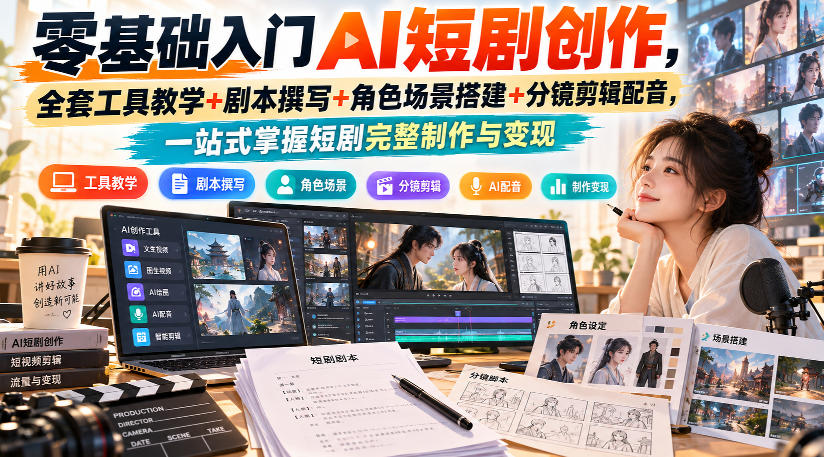 零基础入门AI短剧创作，全套工具教学+剧本撰写+角色场景搭建+分镜剪辑配音，一站式掌握短剧完整制作与变现-宣源知识学堂