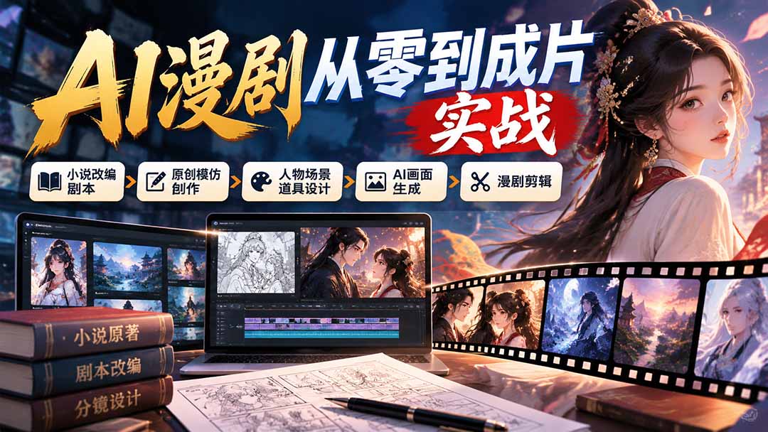 AI漫剧从零到成片实战：小说改编剧本、原创模仿创作、人物场景道具设计、AI画面生成与漫剧剪辑-宣源知识学堂