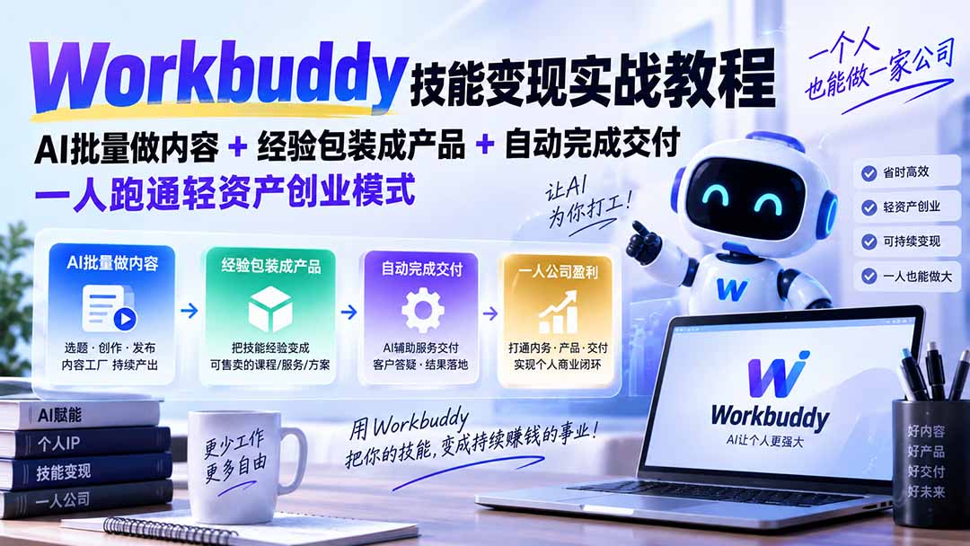 Workbuddy技能变现实战教程:AI批量做内容+经验包装成产品+自动完成交付,一人跑通轻资产创业模式-宣源知识学堂