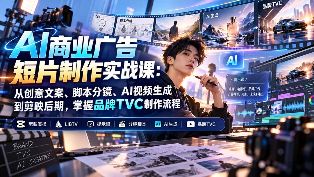AI商业广告短片制作实战课:从创意文案、脚本分镜、AI视频生成到剪映后期,掌握品牌TVC制作流程-宣源知识学堂