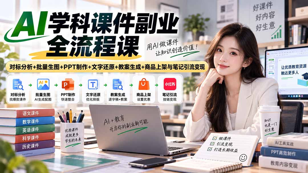 AI学科课件副业全流程课|对标分析+批量生图+PPT制作+文字还原+教案生成+商品上架与笔记引流变现-宣源知识学堂