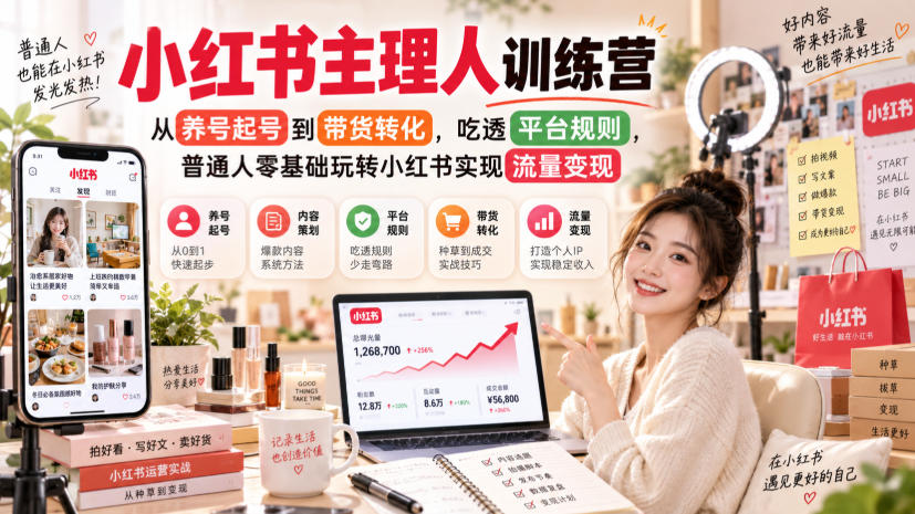 小红书主理人训练营，从养号起号到带货转化，吃透平台规则，普通人零基础玩转小红书实现流量变现-宣源知识学堂