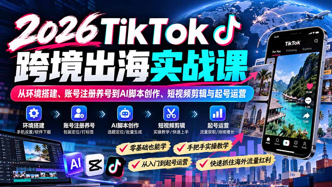 2026TikTok跨境出海实战课:从环境搭建、账号注册养号到AI脚本创作、短视频剪辑与起号运营-宣源知识学堂