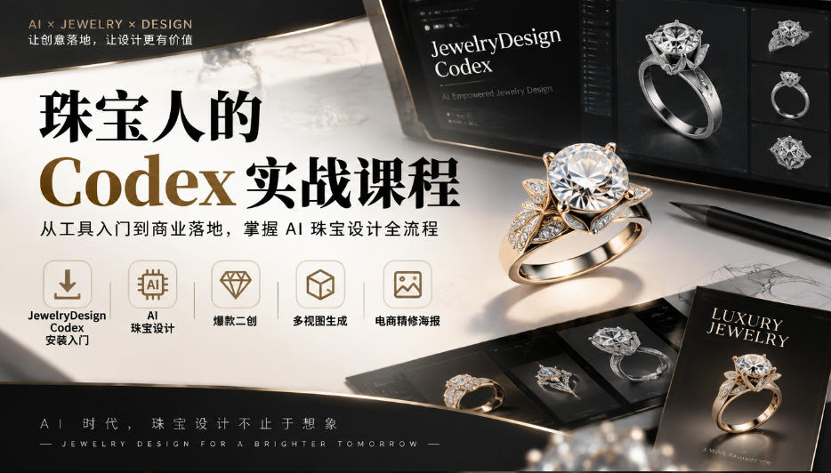 珠宝人的Codex实战课程｜JewelryDesign Codex安装入门、AI珠宝设计、爆款二创、多视图生成、电商精修海报全链路教学-宣源知识学堂