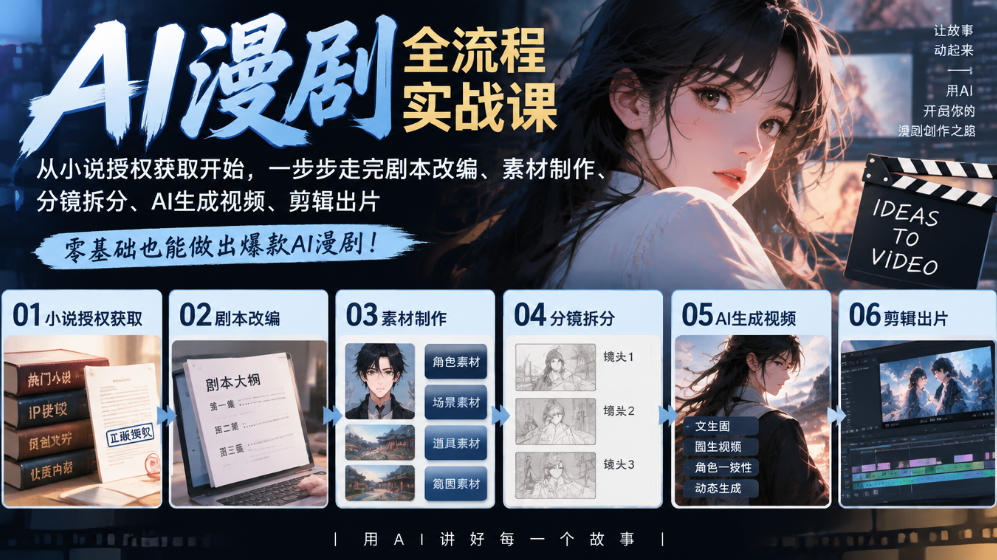 AI漫剧全流程实战课｜从小说授权获取开始，一步步走完剧本改编、素材制作、分镜拆分、AI生成视频、剪辑出片全流程-宣源知识学堂