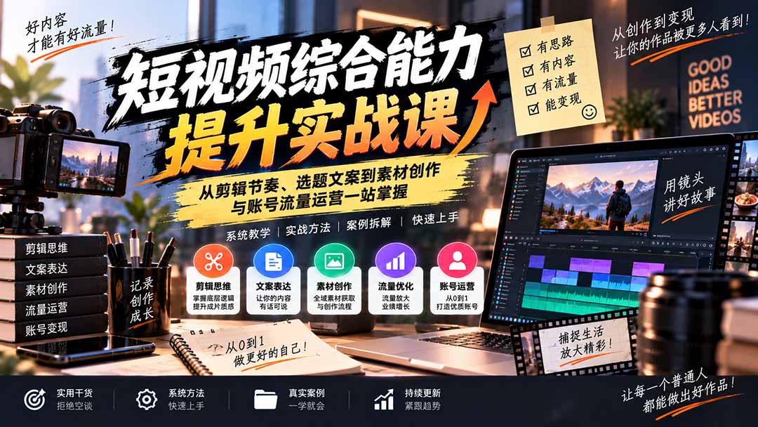 短视频综合能力提升实战课：从剪辑节奏、选题文案到素材创作与账号流量运营一站掌握-宣源知识学堂