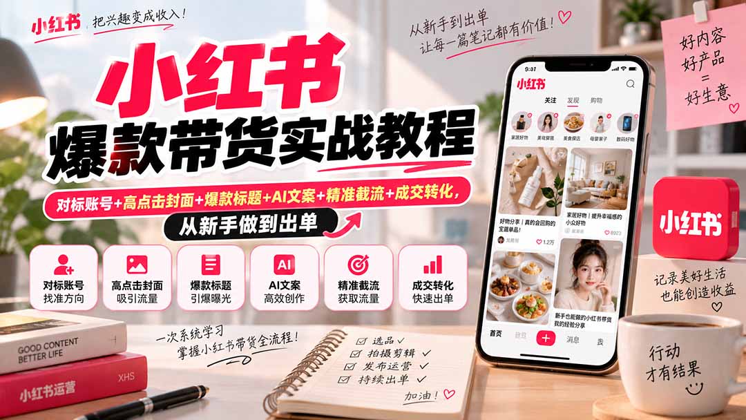 小红书爆款带货实战教程|对标账号+高点击封面+爆款标题+AI文案+精准截流+成交转化,从新手做到出单-宣源知识学堂