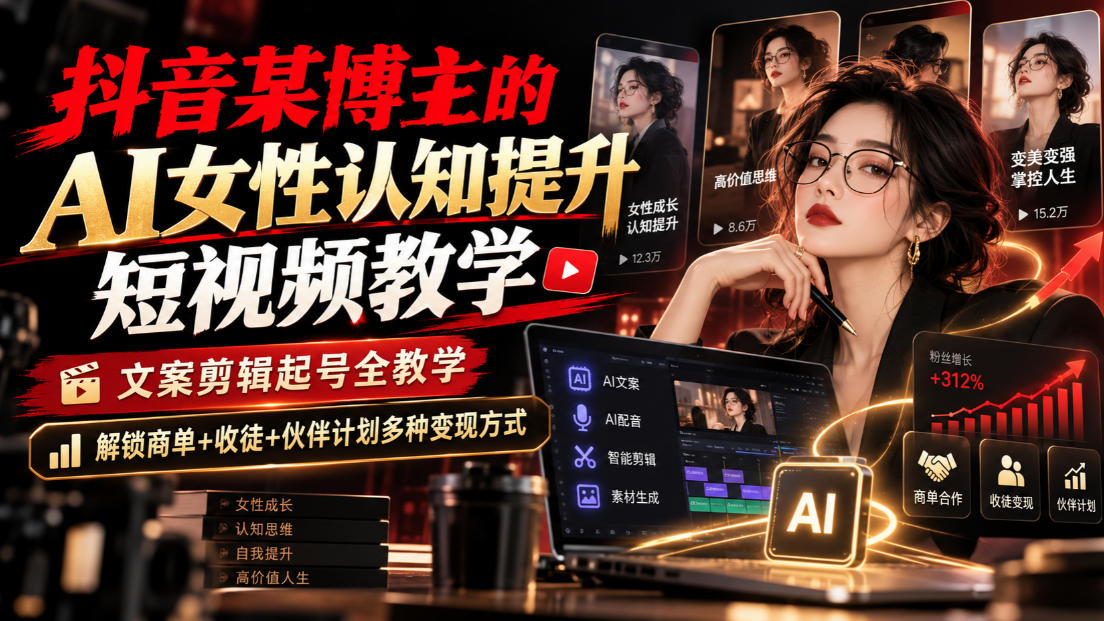 抖音某博主的Ai女性认知提升短视频教学，文案剪辑起号全教学，解锁商单+收徒+伙伴计划多种变现方式-宣源知识学堂