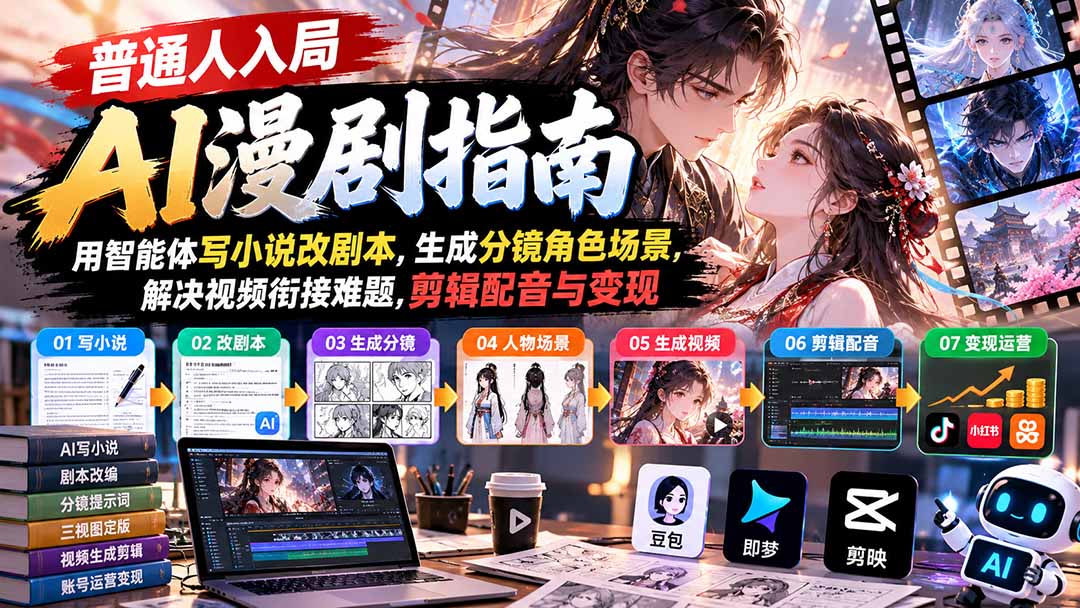 【无水印】普通人入局AI漫剧指南：用智能体写小说改剧本，生成分镜角色场景，解决视频衔接难题，剪辑配音与变现-宣源知识学堂