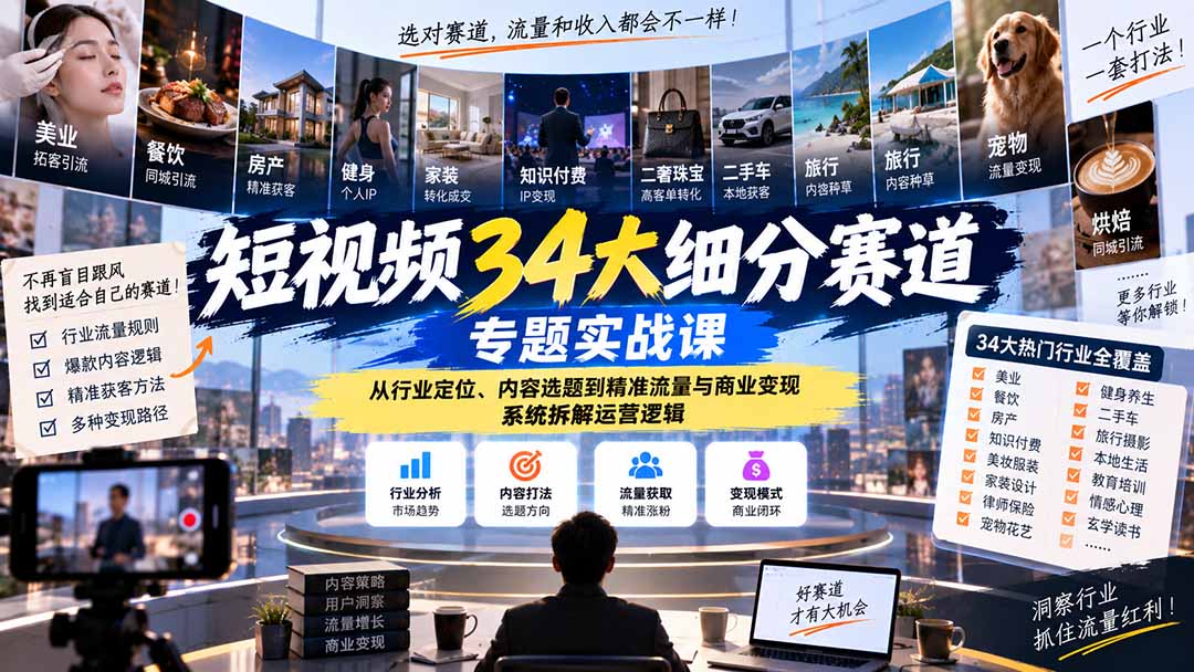 短视频34大细分赛道专题实战课：从行业定位、内容选题到精准流量与商业变现，系统拆解运营逻辑-宣源知识学堂