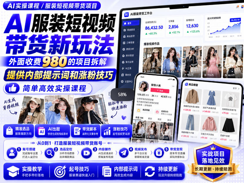 外面收费980AI快手带货系统课程，内部课程首次外放，操作简单高效，一分钟一条爆款视频-宣源知识学堂