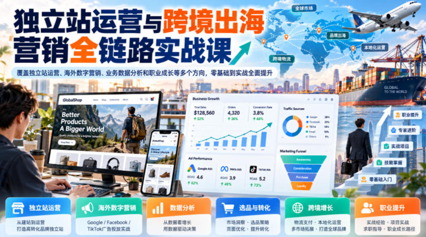 独立站运营与跨境出海营销全链路实战课，覆盖独立站运营、海外数字营销、业务数据分析和职业成长等多个方向，零基础到实战全面提升-宣源知识学堂