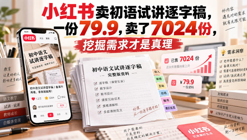小红书卖初语试讲逐字稿，一份79.9，卖了7024份，挖掘需求才是真理-宣源知识学堂