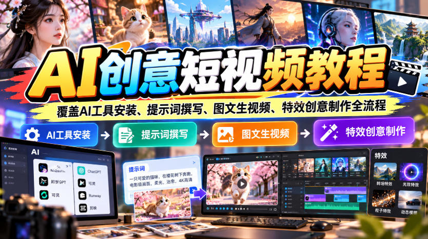 AI创意短视频教程，覆盖AI工具安装、提示词撰写、图文生视频、特效创意制作全流程-宣源知识学堂