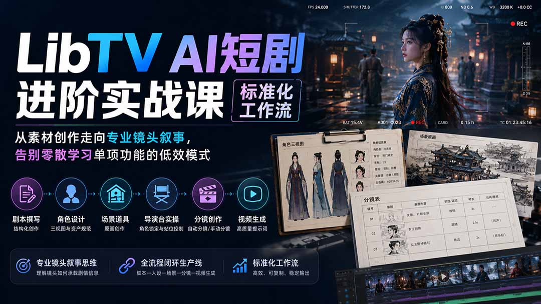 LibTV AI短剧进阶实操课标准化工作流;从素材创作走向专业镜头叙事,告别零散学习单项功能的低效模式-宣源知识学堂