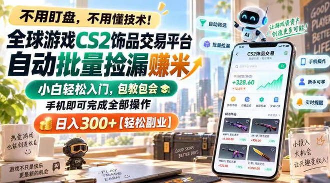 全球游戏CS2饰品交易平台自动批量捡漏賺米，小白轻松入门，包教包会，手机即可完成全部操作，日入300+【揭秘】-宣源知识学堂