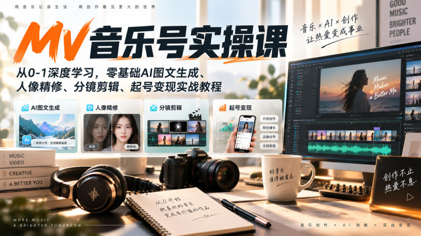 AI MV音乐号实操课，从0-1深度学习，零基础AI图文生成、人像精修、分镜剪辑、起号变现实战教程-宣源知识学堂