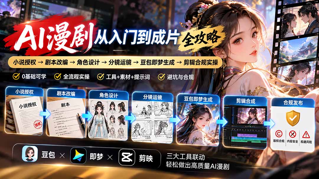 AI漫剧从入门到成片全攻略:小说授权→剧本改编→角色设计→分镜运镜→豆包即梦生成→剪辑合规实操-宣源知识学堂