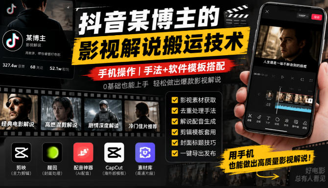 抖音某博主的影视解说搬运技术，手机操作，手法+软件模板搭配-宣源知识学堂