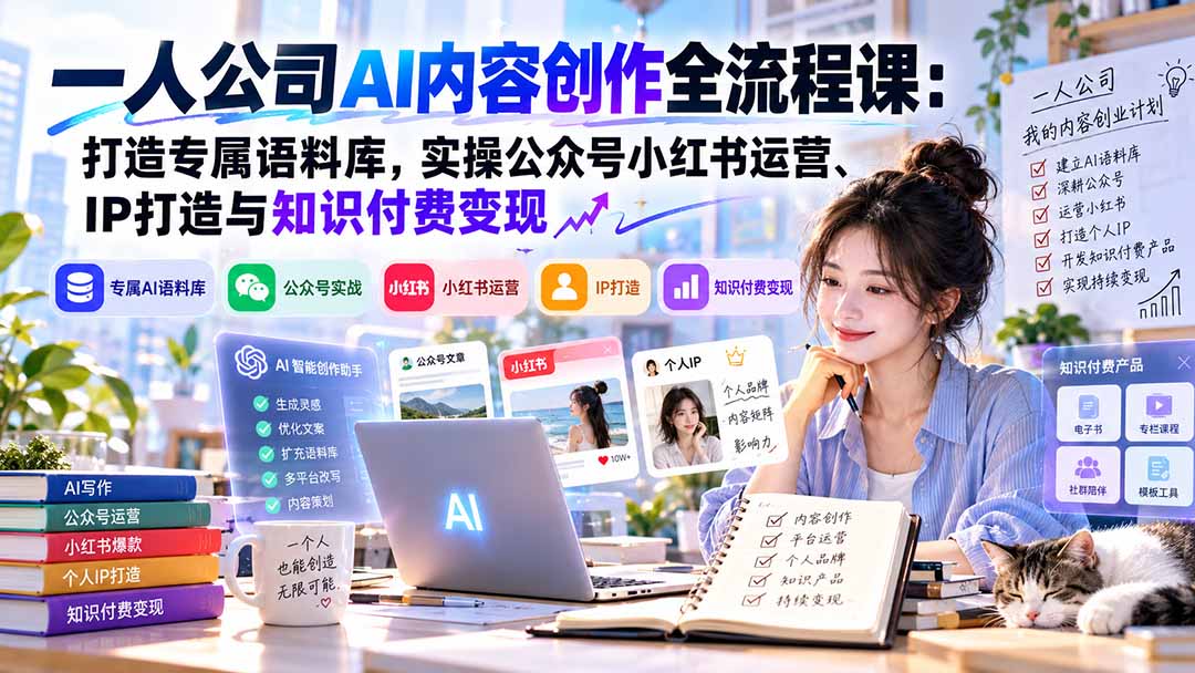 一人公司AI内容创作全流程课：打造专属语料库，实操公众号小红书运营、IP打造与知识付费变现方法论-宣源知识学堂