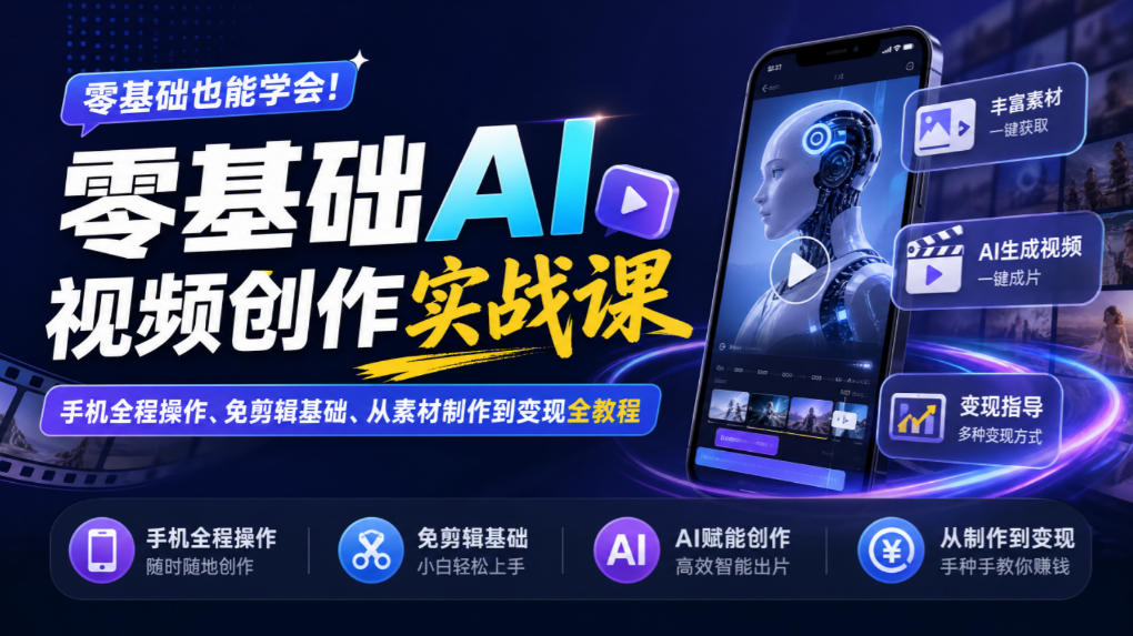 零基础AI视频创作实战课｜手机全程操作、免剪辑基础、从素材制作到变现全教程-宣源知识学堂