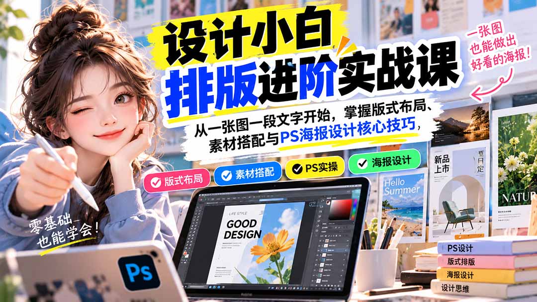 设计小白排版进阶实战课：从一张图一段文字开始，掌握版式布局、素材搭配与PS海报设计核心技巧-宣源知识学堂