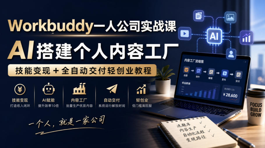 Workbuddy一人公司实战课，AI搭建个人内容工厂，技能变现+全自动交付轻创业教程-宣源知识学堂