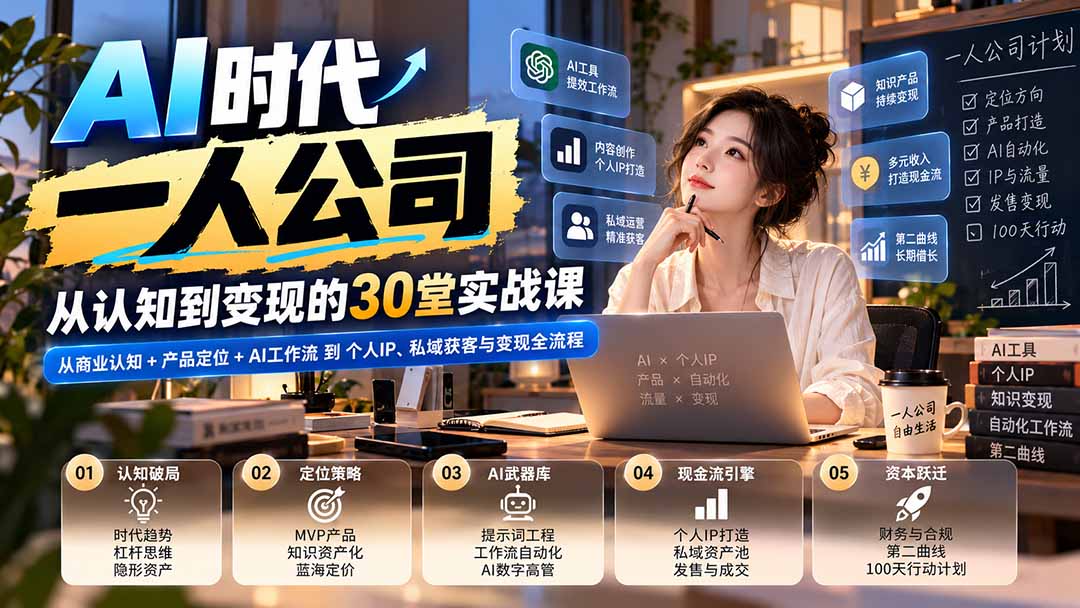 【无水印】AI时代一人公司30堂实战课：从商业认知+产品定位+AI工作流到个人IP、私域获客与变现全流程-宣源知识学堂
