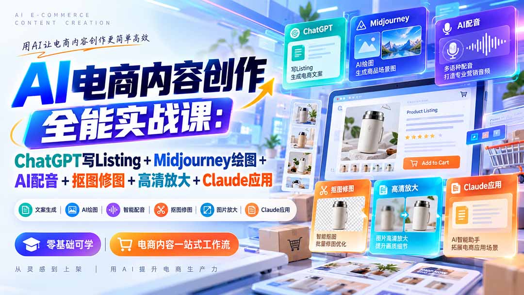 【无水印】AI电商内容创作全能实战课：ChatGPT写Listing+Midjourney绘图+AI配音+抠图修图+高清放大+Claude应用-宣源知识学堂