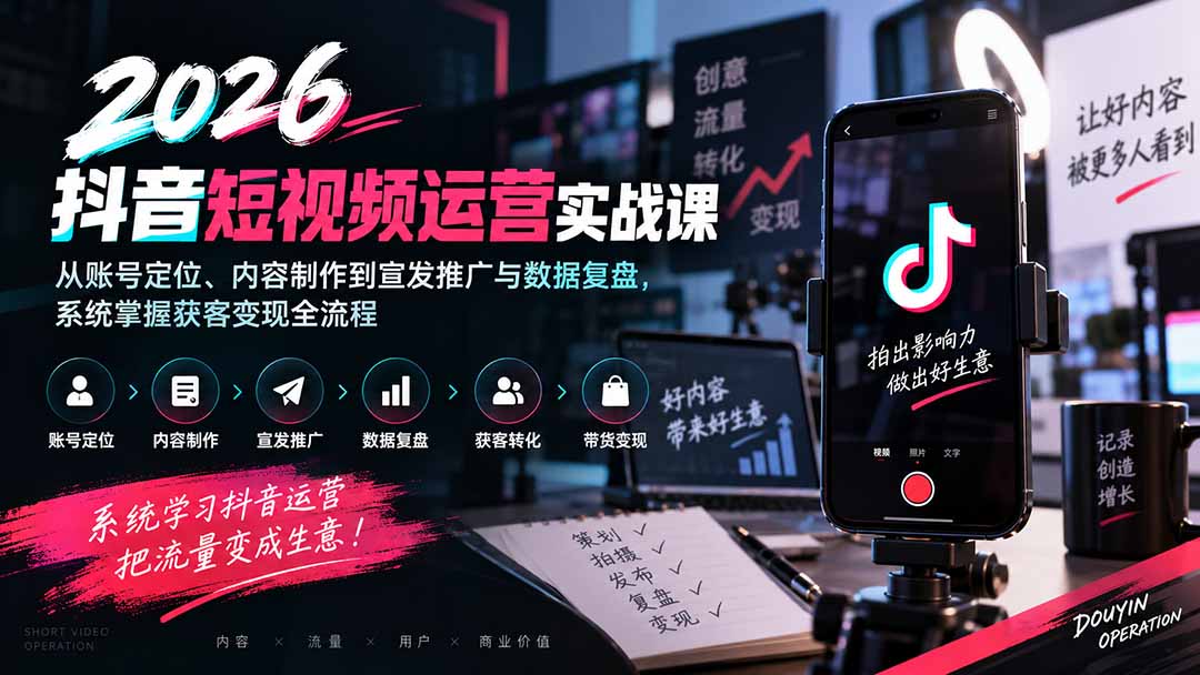 2026抖音短视频运营实战课:从账号定位、内容制作到宣发推广与数据复盘,系统掌握获客变现全流程-宣源知识学堂