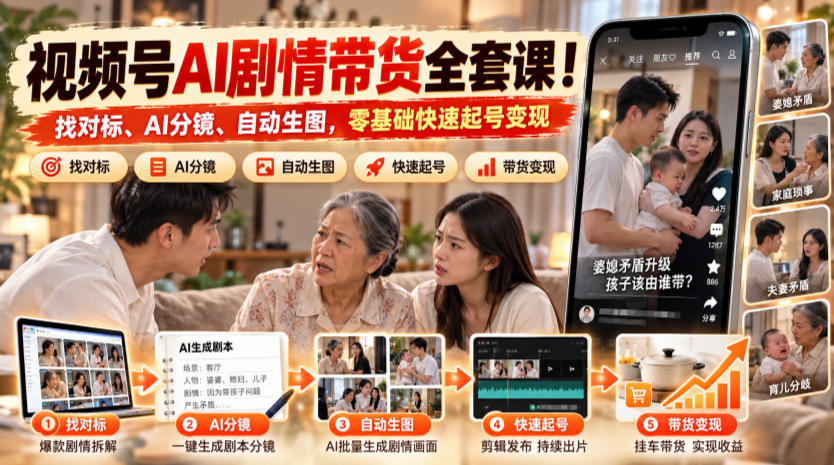 视频号AI剧情带货全套课！找对标、AI分镜、自动生图，零基础快速起号变现-宣源知识学堂