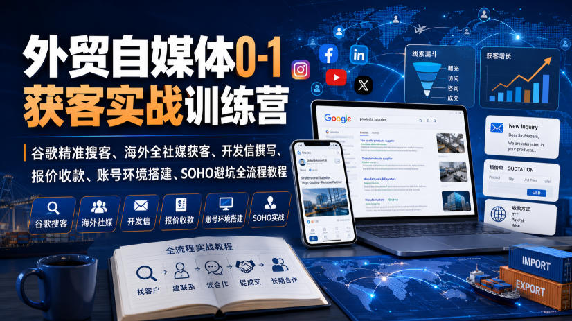 外贸自媒体0-1获客实战训练营|谷歌精准搜客、海外全社媒获客、开发信撰写、报价收款、账号环境搭建、SOHO避坑全流程教程-宣源知识学堂