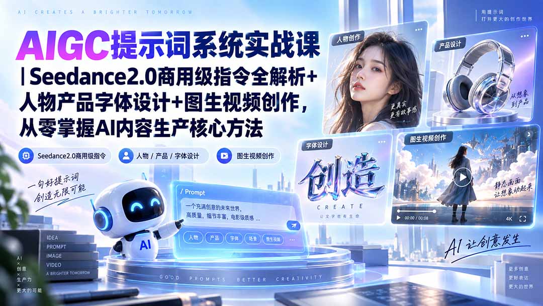 AIGC提示词系统实战课-无水印|Seedance2.0商用级指令全解析+人物产品字体设计+图生视频创作,掌握AI内容生产方法-宣源知识学堂