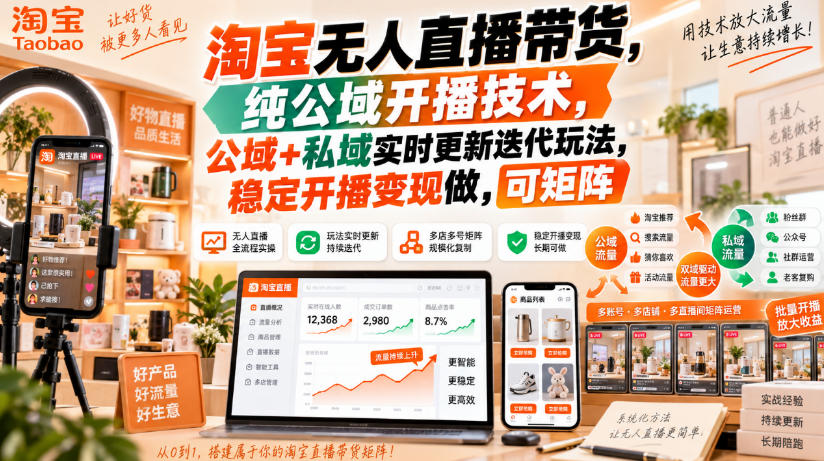 淘宝无人直播带货，纯公域开播技术，公域+私域实时更新迭代玩法，稳定开播变现做，可矩阵【揭秘】-宣源知识学堂