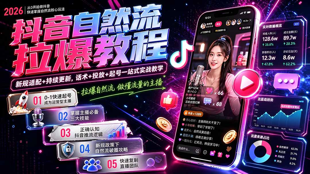 抖音自然流拉爆教程-更新8月:做懂流量的主播,新规适配+持续更新,话术+投放+起号一站式实战教学-宣源知识学堂