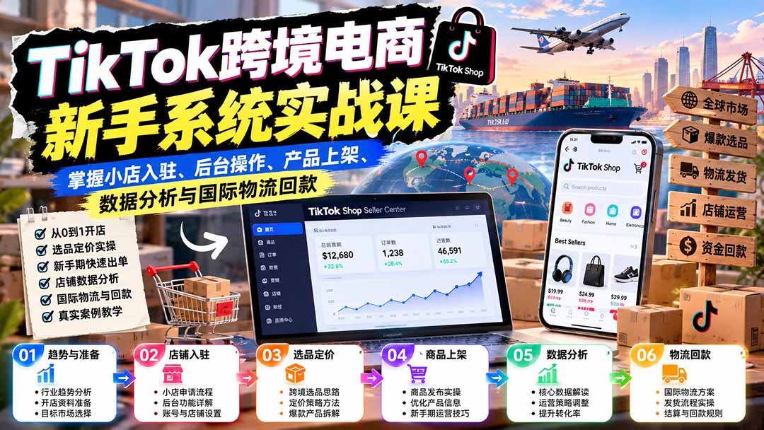 TikTok跨境电商新手系统实战课：掌握小店入驻、后台操作、产品上架、数据分析与国际物流回款-宣源知识学堂