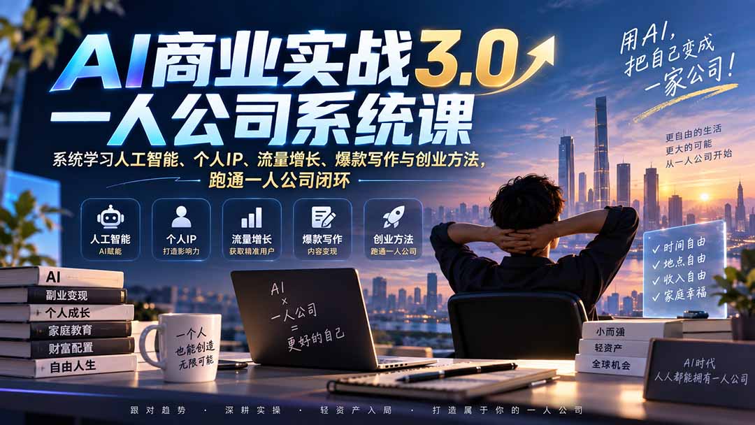 AI商业实战3.0一人公司系统课:系统学习人工智能、个人IP、流量增长、爆款写作与创业方法,跑通一人公司闭环-宣源知识学堂