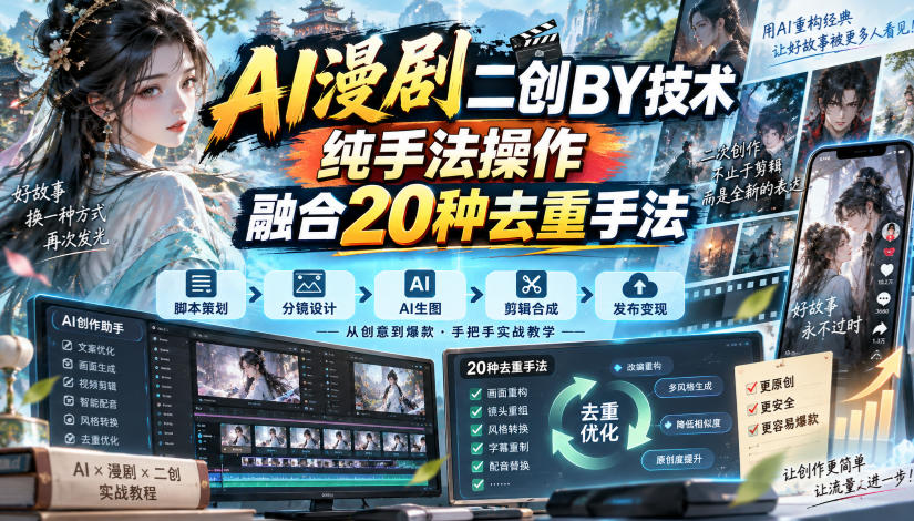 AI漫剧二创搬运技术，纯手法操作，融合20种去重手法-宣源知识学堂