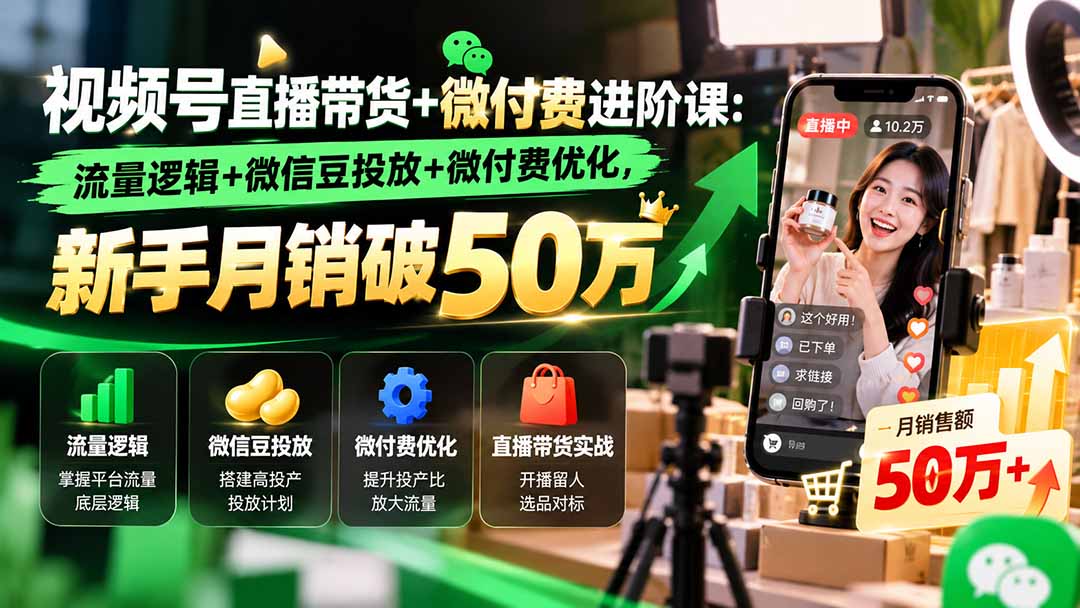 视频号直播带货+微付费进阶课-更新1010：流量逻辑+微信豆投放+微付费优化，新手月销破50万-宣源知识学堂