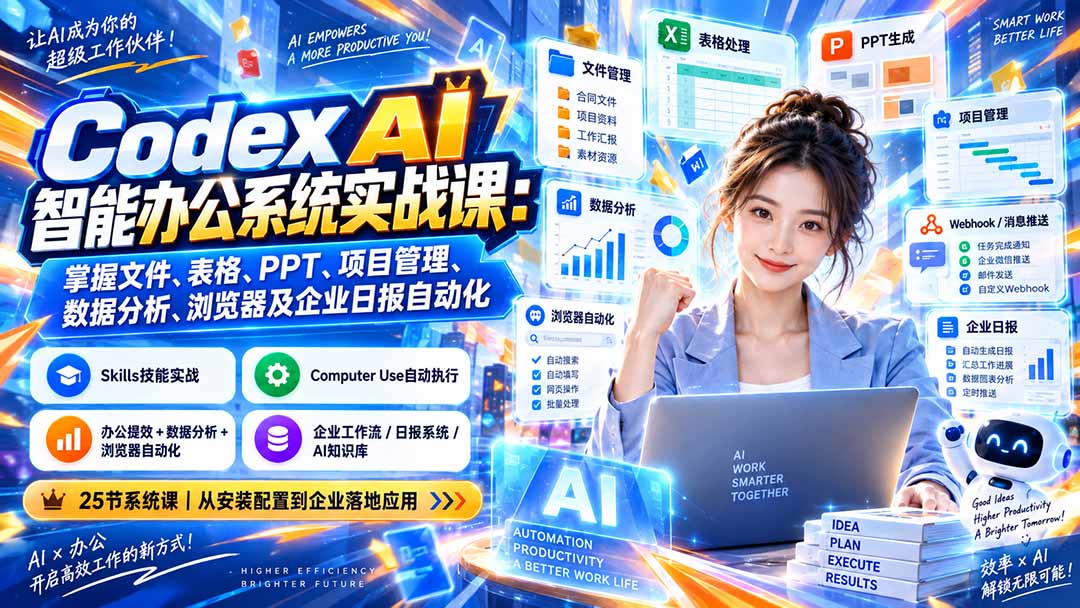 Codex AI智能办公系统实战课：掌握文件、表格、PPT、项目管理、数据分析、浏览器及企业日报自动化-宣源知识学堂