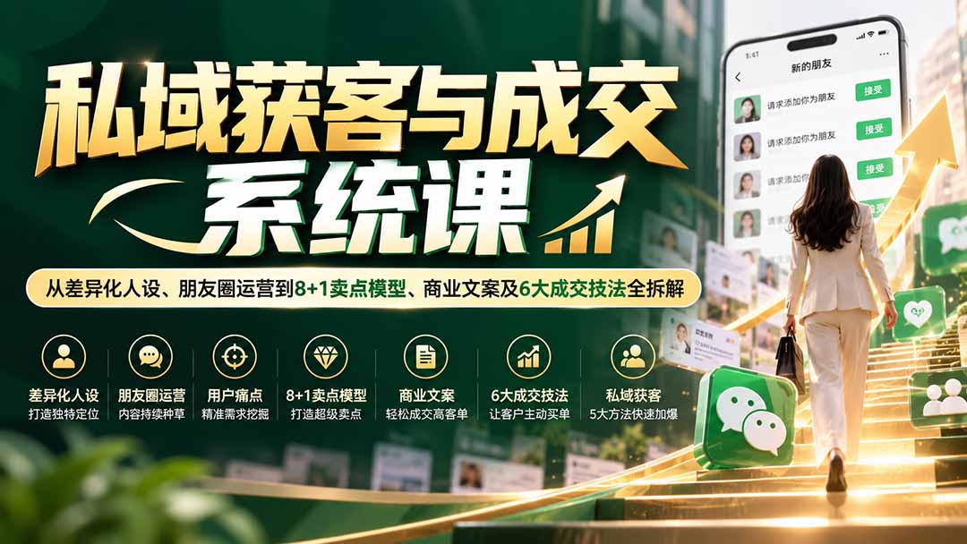 私域获客与成交系统课:从差异化人设、朋友圈运营到8+1卖点模型、商业文案及6大成交技法全拆解-宣源知识学堂