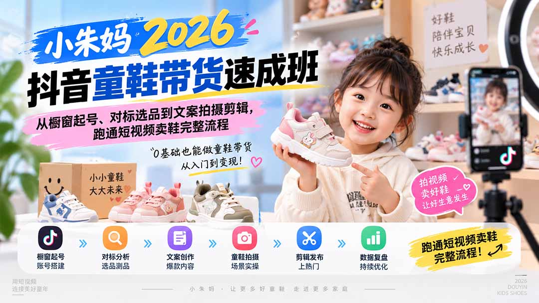 小朱妈2026抖音童鞋带货速成班：从橱窗起号、对标选品到文案拍摄剪辑，跑通短视频卖鞋完整流程-宣源知识学堂