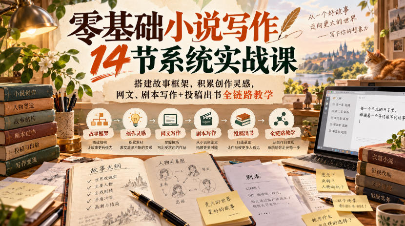 零基础小说写作14节系统实战课，搭建故事框架，积累创作灵感，网文、剧本写作+投稿出书全链路教学-宣源知识学堂