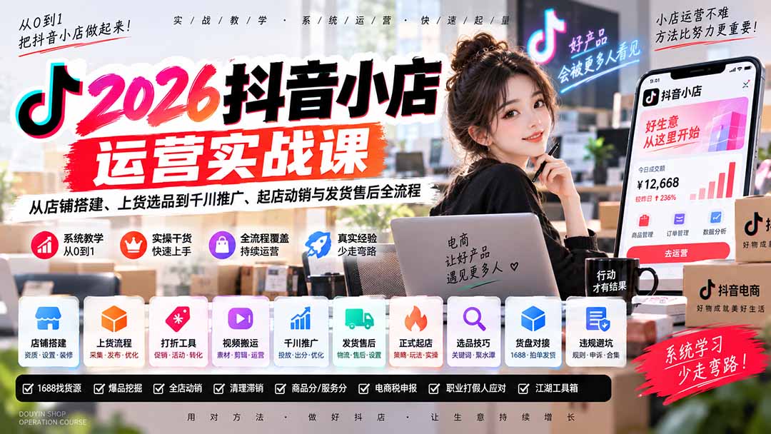 2026抖音小店运营实战课|从店铺搭建、上货选品到千川推广、起店动销与发货售后全流程-宣源知识学堂