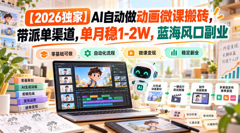 【2026独家】AI自动做动画微课搬砖，带派单渠道，单月稳1-2W，蓝海风口副业【揭秘】-宣源知识学堂