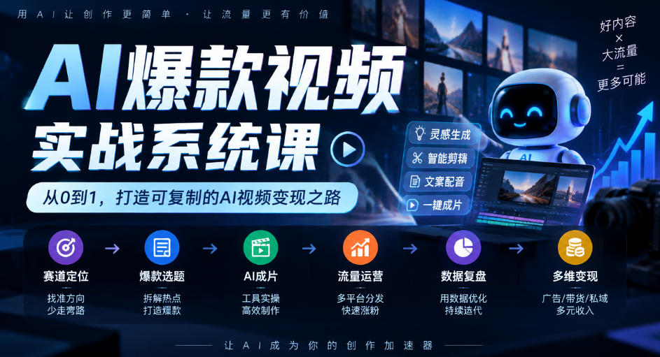 AI爆款视频实战系统课｜赛道定位、爆款选题、AI成片、流量运营、数据复盘、多维变现全链路教学-宣源知识学堂