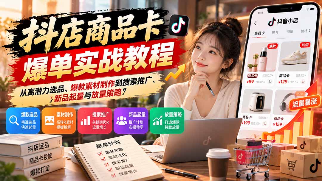 抖店商品卡爆单实战教程：从高潜力选品、爆款素材制作到搜索推广、新品起量与放量策略-宣源知识学堂